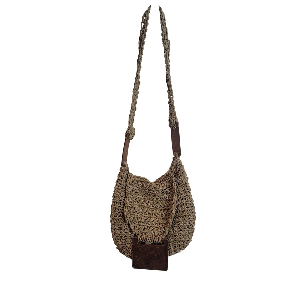Hand Crochet Jute Hobo Bag Woven Boho Shoulder Leather Accents Resort Beach